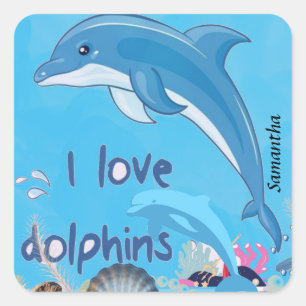 Pegatina Cuadrada Nombre de citas de delfines de amor lindo y colori
