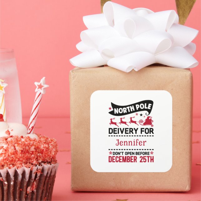 Pegatina Cuadrada Nombre de entrega de SANTA del Polo Norte Rojo y B (Fiesta)
