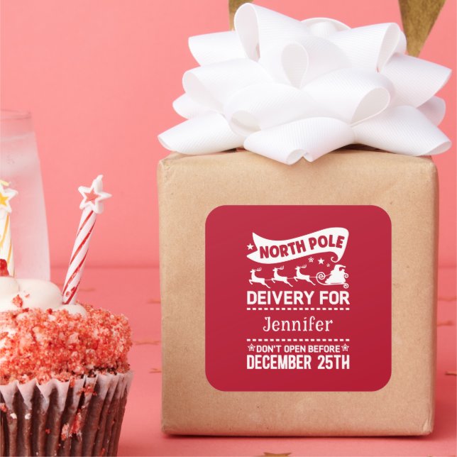 Pegatina Cuadrada Nombre de entrega de SANTA del Polo Norte Rojo y B (Fiesta)