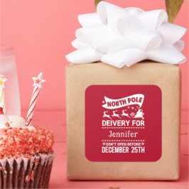 Pegatina Cuadrada Nombre de entrega de SANTA del Polo Norte Rojo y B