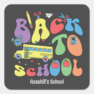 Pegatina Cuadrada Nombre de escuela personalizado Retro Regreso a la