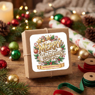 Pegatina Cuadrada Nombre de familia de Navidad alegre retro dorado