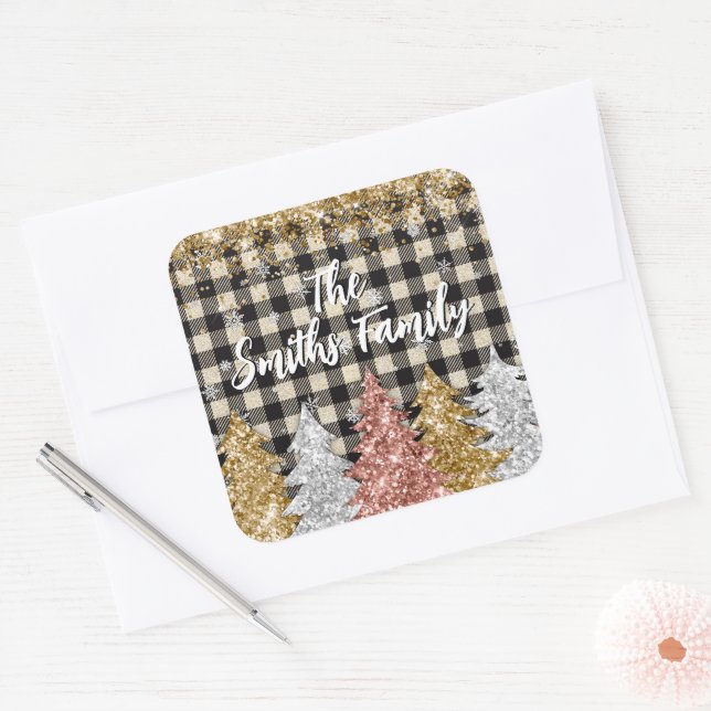 Pegatina Cuadrada Nombre De Familia De navidades Y Purpurinas (Sobre)