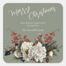 Pegatina Cuadrada Nombre de familia de Personalizado floral de Navid