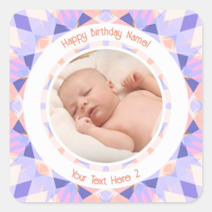 Pegatina Cuadrada Nombre de Foto Personalizada Edad Rosa Morado Cump