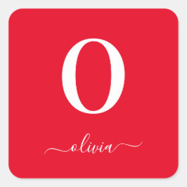 Pegatina Cuadrada Nombre De Guión Monograma Personalizado Rojo Y Bla