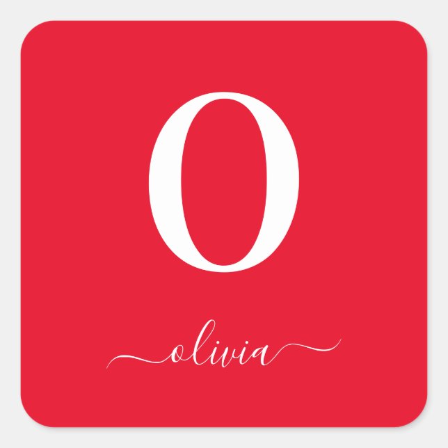 Pegatina Cuadrada Nombre De Guión Monograma Personalizado Rojo Y Bla (Anverso)