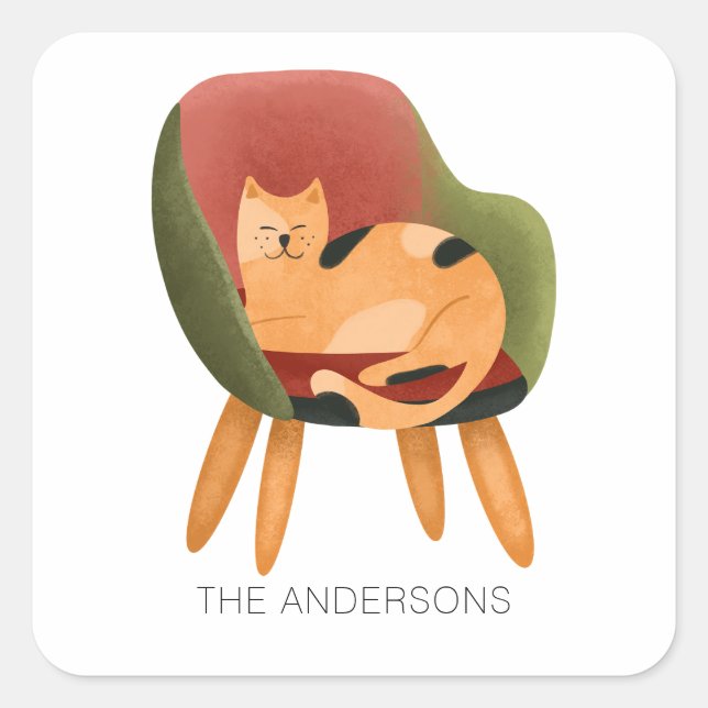 Pegatina Cuadrada Nombre de la acuarela del gato (Anverso)