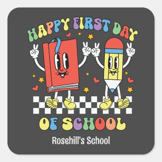 Pegatina Cuadrada Nombre de la escuela personalizado Retro Volver a  (Anverso)