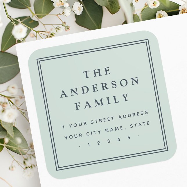Pegatina Cuadrada Nombre de la familia luz polvo mar verde dirección (Family name light dusty sea green return address square sticker)