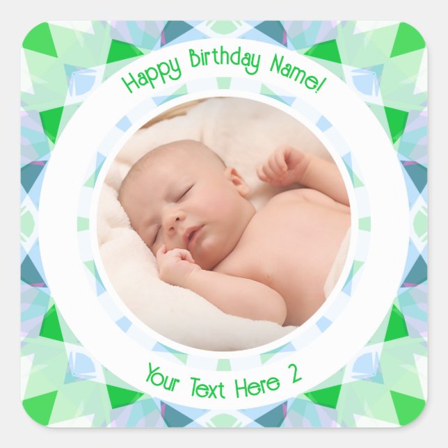 Pegatina Cuadrada Nombre de la foto Edad Azul Verde Cumpleaños Estre (Anverso)