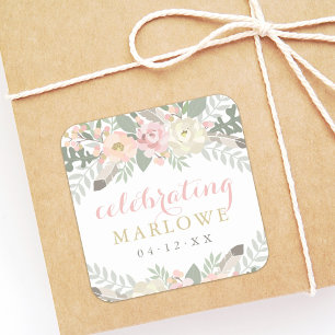 Pegatina Cuadrada Nombre de la novia de la flor de oro rosa Rubor