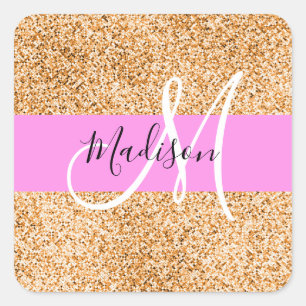 Pegatina Cuadrada Nombre de monograma con brillo rosa y cobre Glam