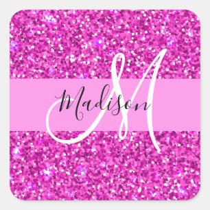 Pegatina Cuadrada Nombre de monograma con brillo rosa y magenta Glam