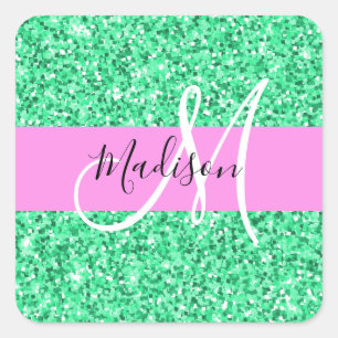 Pegatina Cuadrada Nombre de monograma con brillo rosa y verde Glam