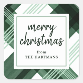 Pegatina Cuadrada Nombre de Navidad Alegre Cuadro Verde Acuarela