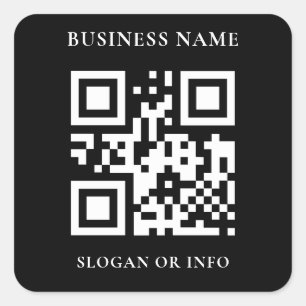 Pegatina Cuadrada Nombre de negocio de código QR personalizado negro