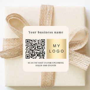 Pegatina Cuadrada nombre de negocio logo beige código qr