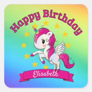 Pegatina Cuadrada Nombre de niño pequeño y colorido de unicornio