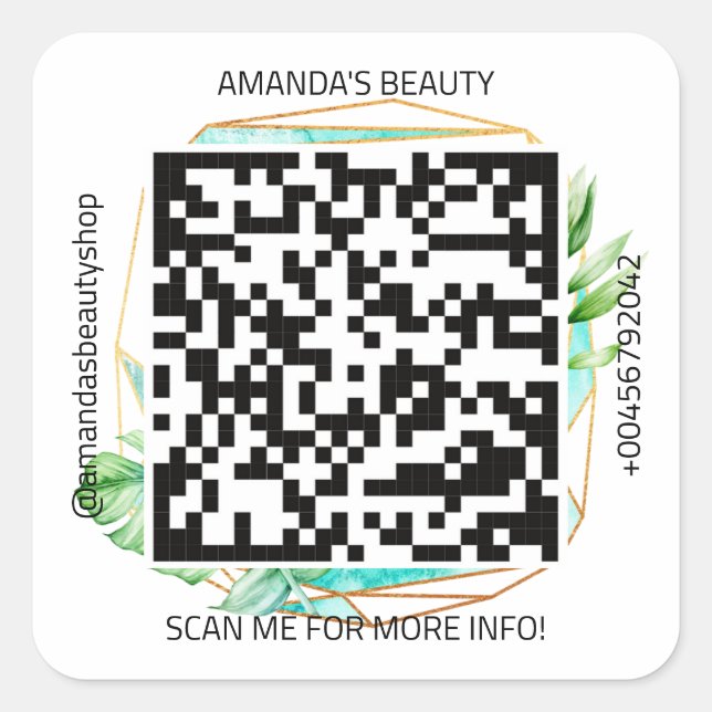 Pegatina Cuadrada Nombre de promoción de código QR Contacto Web Oro  (Anverso)