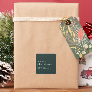 Pegatina Cuadrada Nombre de texto simple Feliz Navidad Verde Blanco