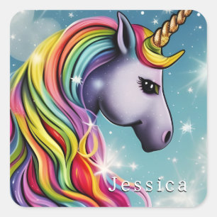 Pegatina Cuadrada Nombre de Unicornio de Arcoíris Personalizado