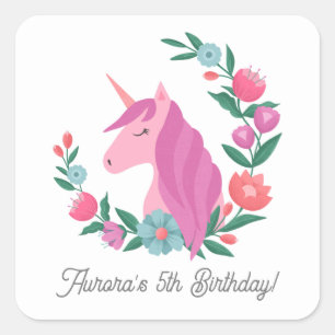Pegatina Cuadrada Nombre de unicornio de floral de bonito