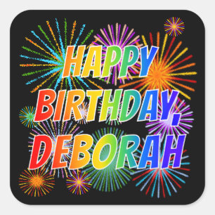 Pegatina Cuadrada Nombre "DEBORAH", diversión "FELIZ CUMPLEAÑOS"