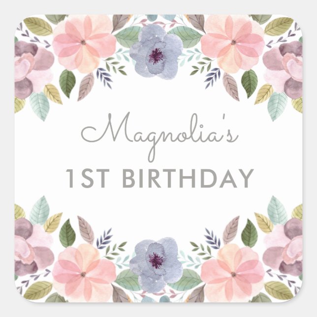 Pegatina Cuadrada Nombre del cumpleaños de la floral acuarela de bon (Anverso)