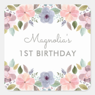 Pegatina Cuadrada Nombre del cumpleaños de la floral acuarela de bon