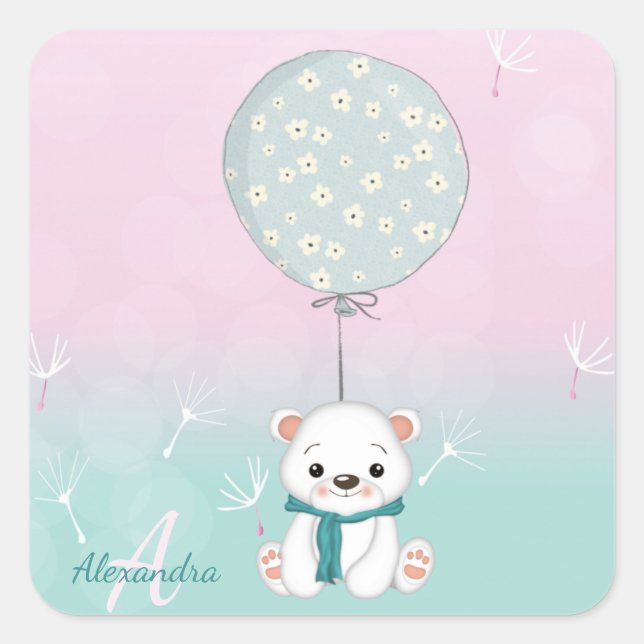 Pegatina Cuadrada Nombre del monograma del oso de bebé (Anverso)