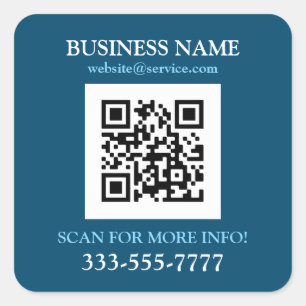 Pegatina Cuadrada Nombre del Negocio Promo, Código QR, Azul Marino y