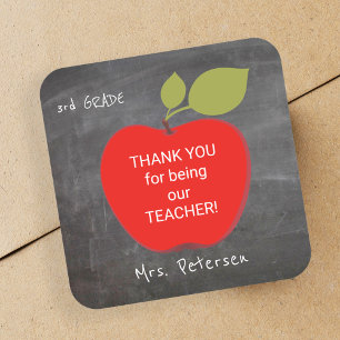 Pegatina Cuadrada Nombre del profesor   Manzana roja pizarra gracias