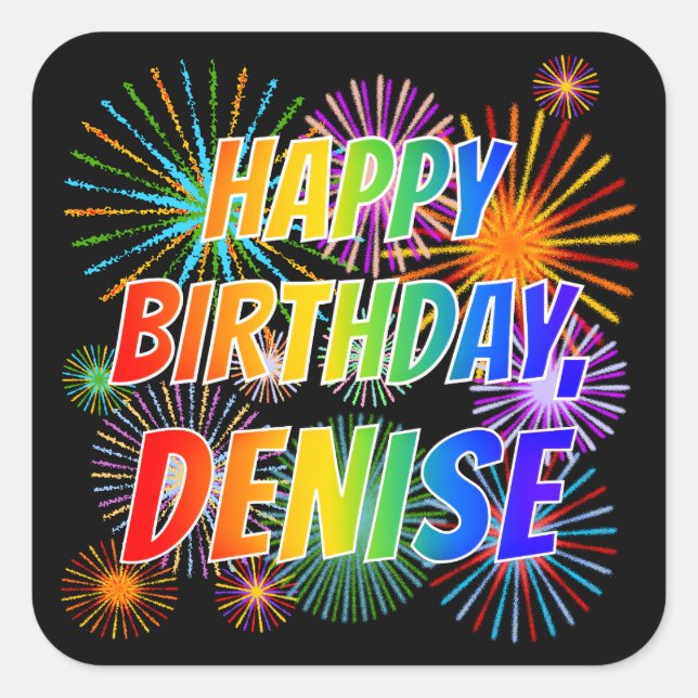 Pegatina Cuadrada Nombre "DENISE", Diversión "FELIZ CUMPLEAÑOS" (Anverso)