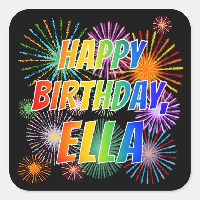 Pegatina Cuadrada Nombre "ELLA", Divertido "FELIZ CUMPLEAÑOS" (Anverso)