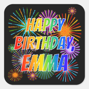 Pegatina Cuadrada Nombre "EMMA", Divertido "FELIZ CUMPLEAÑOS"