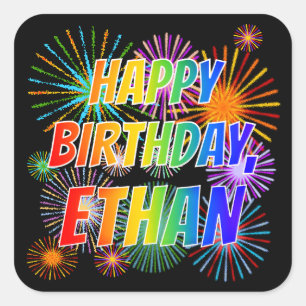 Pegatina Cuadrada Nombre "ETHAN", diversión "FELIZ CUMPLEAÑOS"