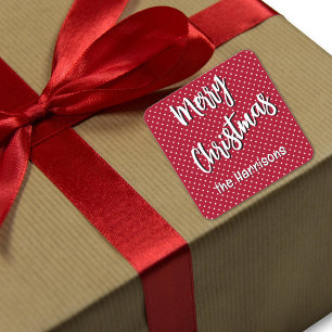 Pegatina Cuadrada Nombre, Feliz Navidad, puntos rojos y polacos blan