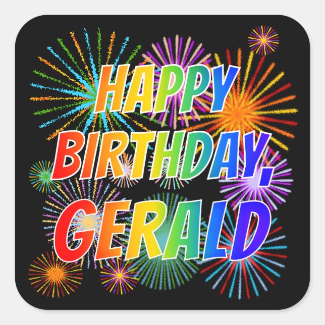 Pegatina Cuadrada Nombre "GERALD", divertido "FELIZ CUMPLEAÑOS" (Anverso)