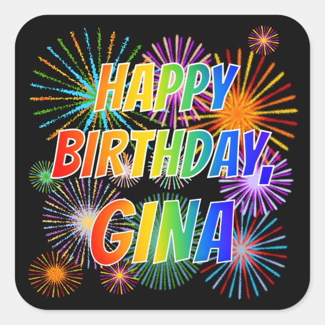 Pegatina Cuadrada Nombre "GINA", Diversión "FELIZ CUMPLEAÑOS" (Anverso)