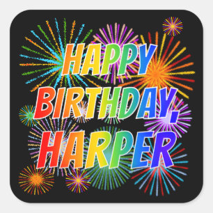 Pegatina Cuadrada Nombre "HARPER", Diversión "FELIZ CUMPLEAÑOS"