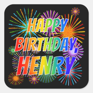 Pegatina Cuadrada Nombre "HENRY", Diversión "FELIZ CUMPLEAÑOS"