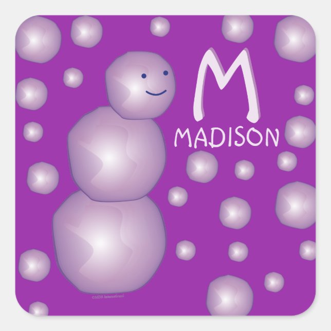 Pegatina Cuadrada Nombre inicial de la bola 3D Moon Purple Snowman p (Anverso)