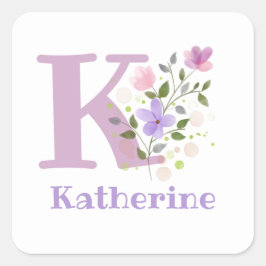 Pegatina Cuadrada Nombre inicial más diseño Katherine & Flowers