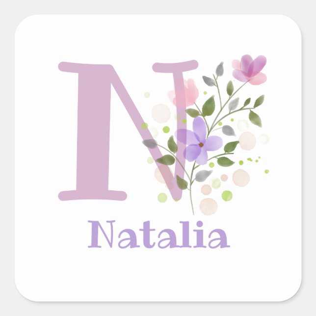 Pegatina Cuadrada Nombre inicial más Natalia y diseño de flores (Anverso)