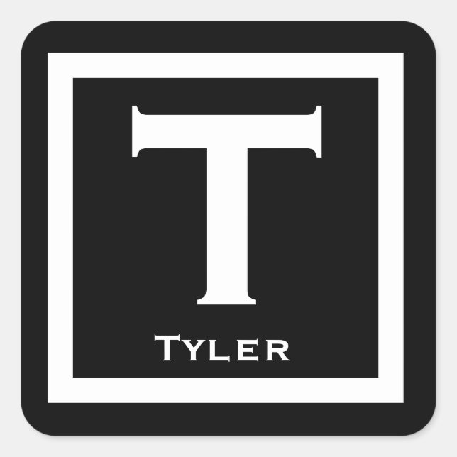 Pegatina Cuadrada Nombre inicial negro Niños Fiesta de vuelta a la e (Anverso)