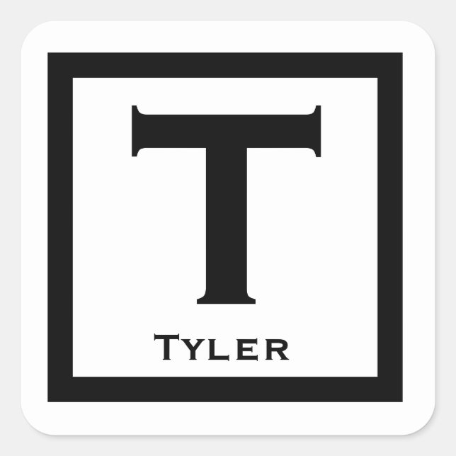 Pegatina Cuadrada Nombre inicial negro Niños Fiesta de vuelta a la e (Anverso)