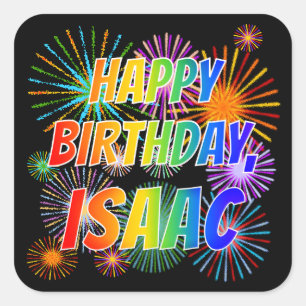 Pegatina Cuadrada Nombre "ISAAC", divertido "CUMPLEAÑOS FELIZ"
