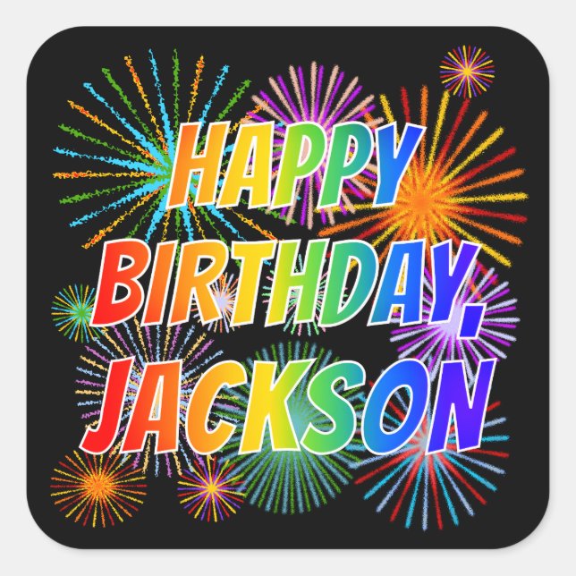 Pegatina Cuadrada Nombre "JACKSON", divertido "CUMPLEAÑOS FELIZ" (Anverso)
