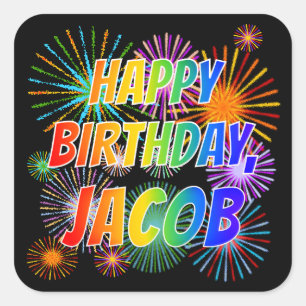 Pegatina Cuadrada Nombre "JACOB", Diversión "FELIZ CUMPLEAÑOS"